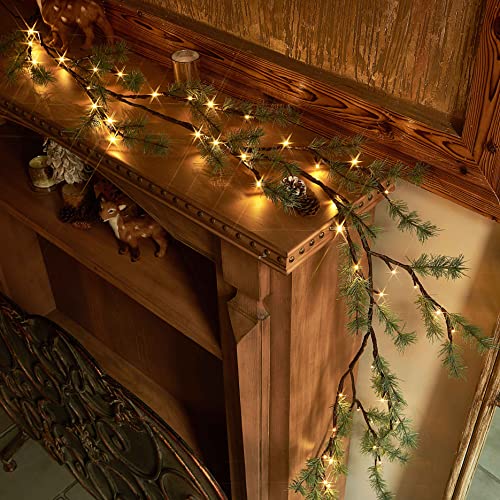 LITBLOOM Lighted Christmas Pine Garland Battery Operated with Timer 6FT 48 Warm White LED Lights for Fireplace Mantle Christmas Holiday Decoration Indoor Outdoor - style: Pine