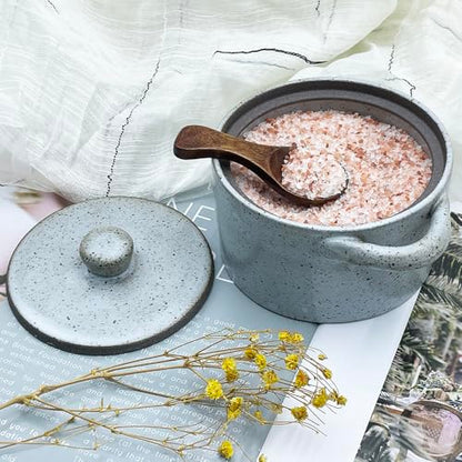 12 oz Ceramic Salt Cellar with Lid & Wooden Spoon,Countertop Salt Container,Sugar Bowl,Spices Jar| Artisan Kitchen Decor(Gray) - color: Gray B