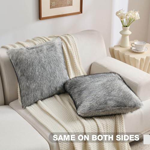 FUTEI Pack of 2 Faux Raccoon Fur Throw Pillow Covers 45 x 45 cm, Beige Gray - color: Beige Gray
