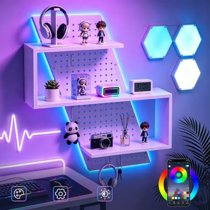 S-Shaped Gaming Floating Shelf with LED Light Strip, 3 Tier Wall Floating Shelf with Pegboard & 4 Removable Hooks, for Bedroom, Game Room, Living Room, Study, White - color: White