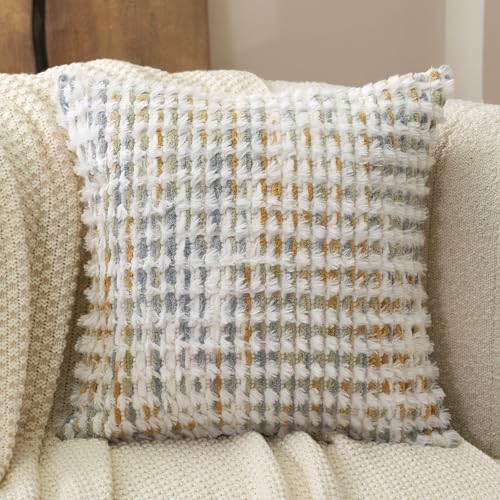 Aeckself Boho Chenille Tufted Pillow Cover 20 x 20 Inch, Decorative Square Throw Pillow Cover Neutral Pillowcase for Couch Bedroom Living Room, Yellow White - color: Yellow White, size: 20" x 20" (Pack of 1)