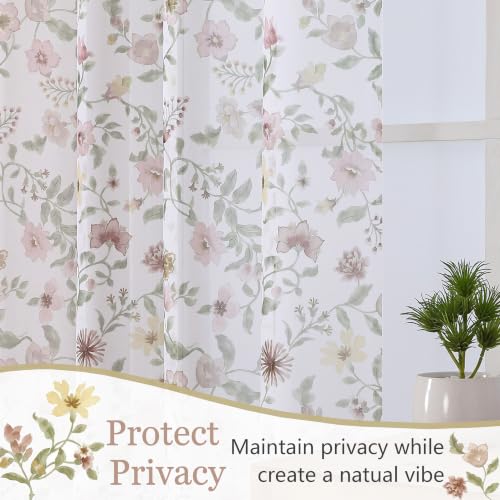 OWENIE Dusty Pink Watercolor Floral Printed Sheer Curtains 84 Inches Long - size: 40"W x 84"L (Pack of 2)