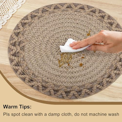 fanquare Coffee 15" Round Burlap Placemats for Dining Table, Set of 6 Jute Woven Table Mats with Braided Wave Rim, Heat Resistant Rustic Boho Chargers - color: Coffee