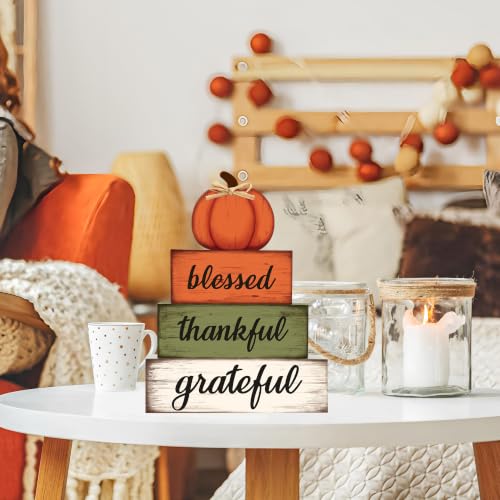 4 Pcs Fall Wooden Table Sign Fall Wooden Tiered Tray Decor Thankful Blessed Grateful Tabletop Signs Farmhouse Pumpkin Wood Blocks for Autumn Thanksgiving Harvest Home Kitchen Table Shelf Decor