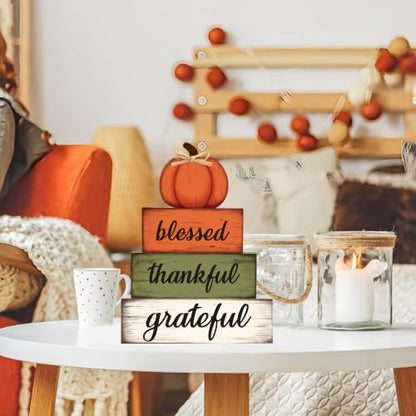 4 Pcs Fall Wooden Table Sign Fall Wooden Tiered Tray Decor Thankful Blessed Grateful Tabletop Signs Farmhouse Pumpkin Wood Blocks for Autumn Thanksgiving Harvest Home Kitchen Table Shelf Decor