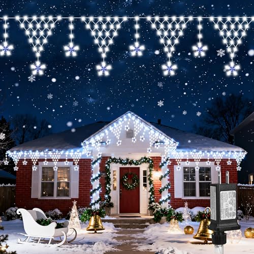 Christmas Lights Outdoor, 218 LED 13.8ft 8 Modes Curtain String Lights with 12 Drops Star, Plug-in Christmas Icicle Lights for Wedding, Party, Eaves, Xmas Yard Decorations - White - color: White