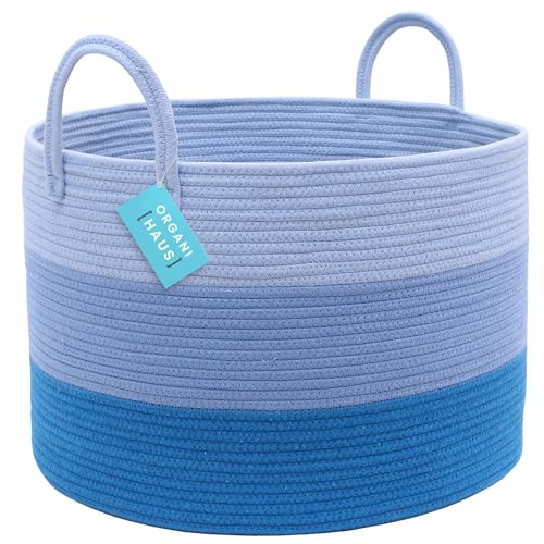 OrganiHaus Round Toy Basket & Blanket Basket, Cotton Rope 20x13" - color: 3-toned Blue, size: Wide