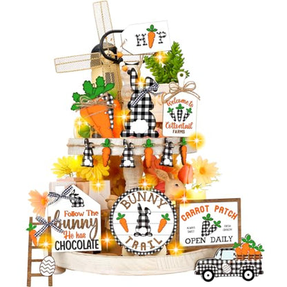 Marsui Easter Tiered Tray Decor Happy Easter Tiered Tray Ornament Rustic Farmhouse Spring Sign Bunny Truck Gnome Egg Wooden Sign for Home Table Decor(Plaid) - style: Plaid