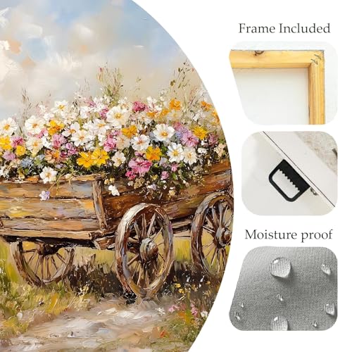 LJXDUBAF Vintage Floral Canvas Wall Art,Rustic Meadow with Flowers Landscape Framed Poster, Farmhouse Style Artwork for Living Room Bedroom Bathroom Kitchen Decor (Flower 02, 24L×24W) - color: Flower 02, size: 24L"×24W"