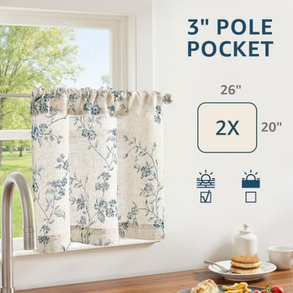 jinchan Floral Linen Kitchen Tier Curtains, 20 Inch, 2 Panels, Blue - color: Alisa Blue, size: 26"W x 20"L (Pack of 2)
