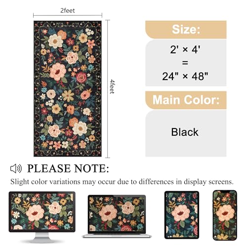 DUKINO 2x4 Entryway Rug, Floral Washable Kitchen Rugs Non Slip, Black - color: Black, size: 2' x 4' (Rectangular)