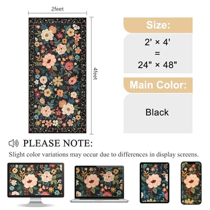 DUKINO 2x4 Entryway Rug, Floral Washable Kitchen Rugs Non Slip, Black - color: Black, size: 2' x 4' (Rectangular)