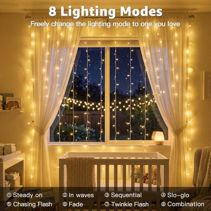 Ollny Curtain Lights 600 LED 19.7x9.8ft, Outdoor Waterproof String Lights - color: Warm White, size: 600 LED