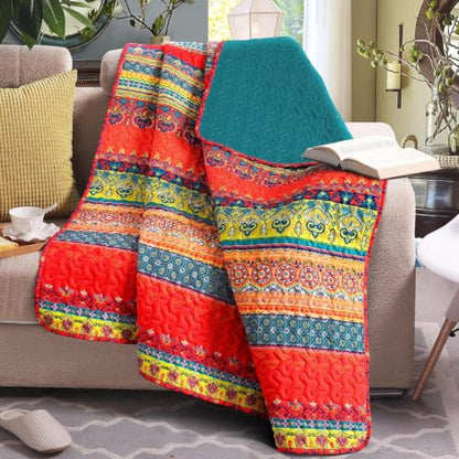 Exclusivo Mezcla 60"x 80" Boho Quilted Throw Blanket, Red Quilt Throw - color: Bohemian Red and Blue, size: 60 x 80 inch