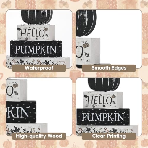 Smile Fall Wooden Decor Signs Black Pumpkin Plaque HELLO PUMPKIN Tiered Tray Tabletop for Autumn Harvest Thanksgiving Home Decorations - style: Black Pumpkin