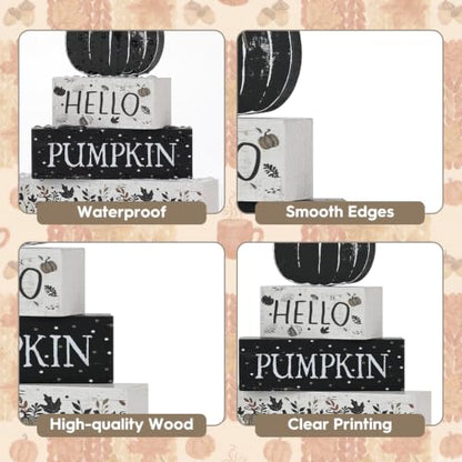 Smile Fall Wooden Decor Signs Black Pumpkin Plaque HELLO PUMPKIN Tiered Tray Tabletop for Autumn Harvest Thanksgiving Home Decorations - style: Black Pumpkin