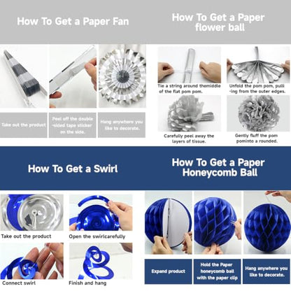 24 Pcs Blue Silver Party Decorations, Paper Fans Pom Poms Banner 8-16 in - color: Blue and Silver