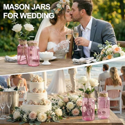 Mason Jars for Centerpiece Glass Flower Bud Vase Pink Vases, 6 Pc - color: Pink