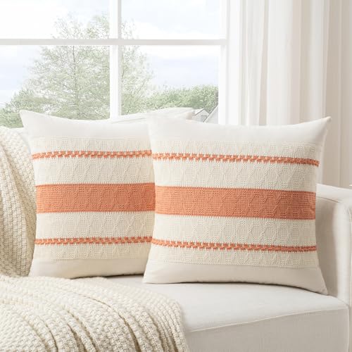 Fancy Homi Set of 2 Boho Coral Decorative Throw Pillow Cover 16x16 Inch for Couch Bed Sofa, Aesthetic Modern Organic Farmhouse Home Decor, Soft Cotton Cute Accent Macrame Woven Cushion Case - color: Coral, size: 16" x 16" (Pack of 2)
