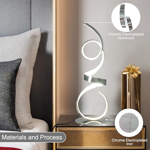 20W Modern Table Lamp,2700LM 3 Colors Remote Stepless Dimmable Bedside Lamp, Chrome LED Art Desk Lamp 21.4 Inch with Touch Switch for Living Room,Bedroom - color: Chrome(Remote)