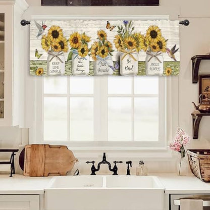 Miyotaa Rustic Farmhouse Sunflower Kitchen Curtain Valance 54W x 18H Rod Pocket Coutry Quotes Inspirational Motivational Positive Wood Wooden Window Treatment for Living Room Bedroom Bathroom - color: White Wood Sunflower, size: 54"W x 18"L (Pack of 1)