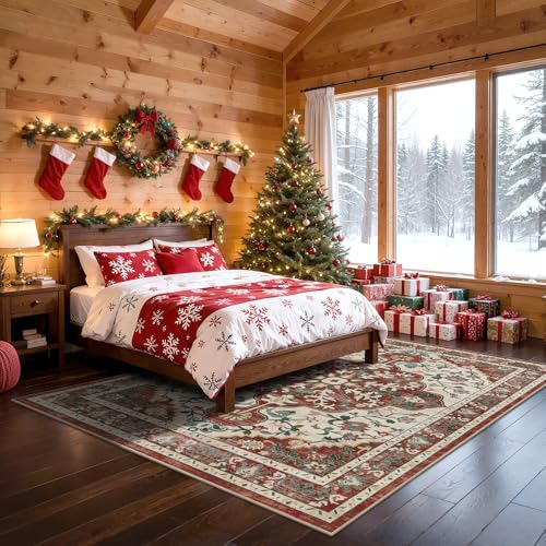 U'Artlines Red Christmas Area Rug 8x10 Boho Washable Soft Holiday Carpet - color: Christmas Red, size: 8' x 10' (Rectangular)