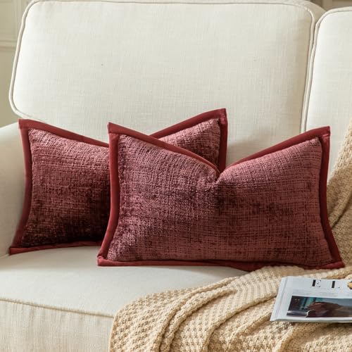 Yaertun Pack of 2 Chenille Textured Decorative Throw Pillow Covers Accent Solid Cushion Cover Soft Cozy Pillow Case with Velvet Back for Couch Sofa Bed Living Room 12x32 Inch Burgundy - color: Burgundy, size: 32" x 16" (Pack of 2)