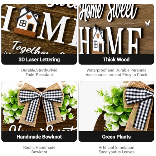 Welcome Sign for Front Door, Wooden Home Sweet Home Decor Outdoor, 3D Farmhouse Hanging Door Wreath with Artificial Greenery, Porch Welcome Sign Hanger All Year Round (Brown) - color: Brown