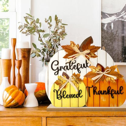 Fall Decorations for Home, Wooden Pumpkin Tabletop Sign Blessed Grateful Thankful Fall Decor for Home Farmhouse Living Room Harvest Day Thanksgiving Decor