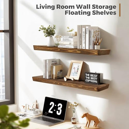 36x6.8x1.6in Slanted Solid Wood Floating Wall Shelves 2-Pack Brown - color: Brown, size: 36"-Set of 2