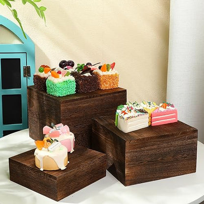 Barydat 3 Pcs Rustic Wood Risers for Display, Square Nesting Cupcake Stands