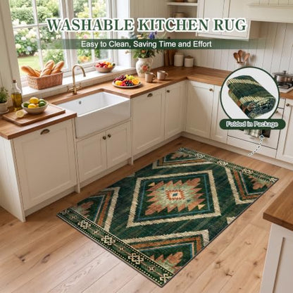 Green Boho Washable Living Room Entryway Area Rugs 3x5Ft Non Slip - color: Green, size: 3' x 5' (Rectangular)