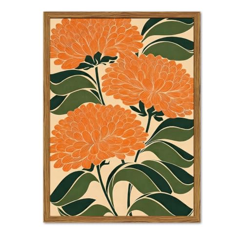 Framed Boho Floral Wall Art, Vintage Orange Flower Canvas Wall Decor Pictures, Mid Century Modern Abstract Botanical Paintings Prints Maximalist Home Decor for living Room Bedroom Office 16x24 inch - color: Orange Flower, size: 24"L x 16"W