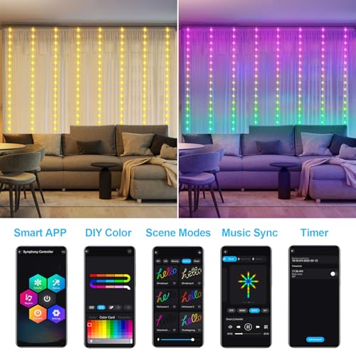 Smart Curtain Lights RGB 5050 Built in Chip with APP Remote Control - size: 8Ft x 6Ft