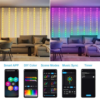 Smart Curtain Lights RGB 5050 Built in Chip with APP Remote Control - size: 8Ft x 6Ft