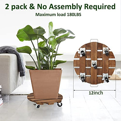 Yangbaga 2pack Plant Caddy 12’’Wood Duty Rolling Plant Stand with 2 360° Lockable Caster Wheels,Indoor Outdoor on Roller Patio/Flower Pot/Succulent Pots
