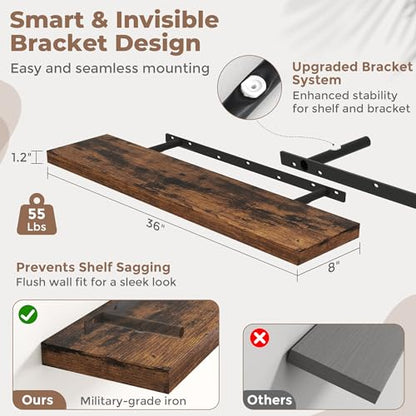 36 Inch Floating Shelves, 8"Deep Wall Shelf, 55 Lbs Capacity, Brown, 2pcs - color: Brown, size: 36"Wx8"Dx1.2"H