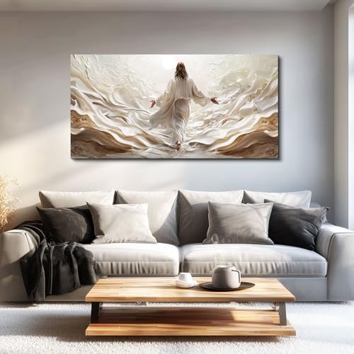 XIGUANGART Jesus Walking on Water Canvas Wall Art Christian Spiritual Wall Decor Prayer Room Pictures Divine Light Modern Religious Posters Prints for Living Room Bedroom Church Decoration 20x40in - color: Jesus Painting, size: 40"L x 20"W