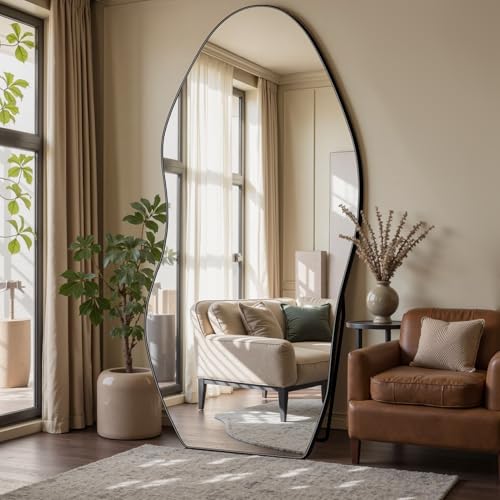 Antok Irregular Full Length Mirror, 76"x36" Asymmetrical Floor Mirror with Stand, Standing Hanging Leaning Irregular Mirrors for Bedroom Living Room Entryway, Wavy Shaped, Black - color: Black, size: 76"L x 36"W, style: Wavy Shaped Style
