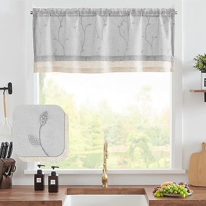 jinchan Linen Kitchen Valance Sheer Leaf Embroidered 18 Inch 1 Panel Grey - color: Leaf | Gray