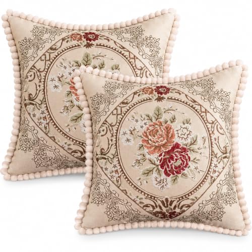 2Pcs Pillow Covers Decorative European Jacquard Vintage Embroidery Stereo Sofa Home Decor, Sofa Living Room, Couch, Bed 20x20 inches. (Cream Beige Pink pack2) - color: Cream Beige Pack2