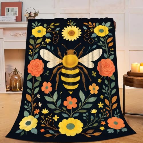 Bee Blanket Gifts for Women Girls Bee Flower Throw Blanket Soft Flannel Cozy Fleece Fuzzy Plush Warm Bedding Stuff for Kids Adults 60 x 80 Inch - color: Bee, size: 80"x60"