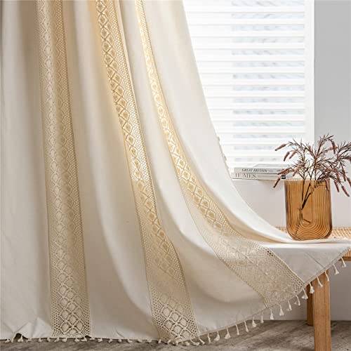 Sutuo Home Boho Curtain Crochet Dots Patchwork Semi-Blackout Bohemian Handmade Tassels, Rod Pocket Window Treatment Vintage Rustic Farmhouse Drapes for Living Bedroom, 1 Panel 59" W x 96" L, Beige - color: Beige Dots Patchwork, size: 59"W x 96"L (Pack of