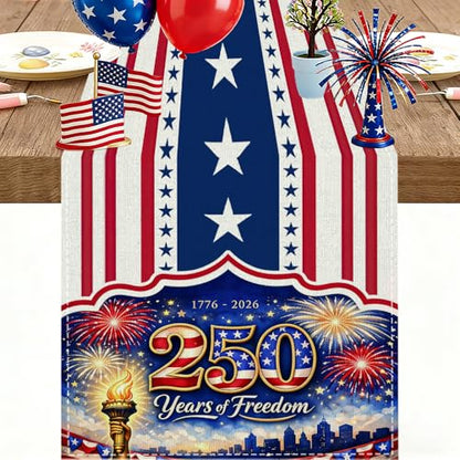 72x13 Inch 250th 4th of July Patriotic USA Stars Table Runner with 6Pcs Place Mats for Independence Day - color: 250th Anniversary
