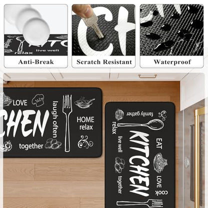 KIMODE Kitchen Mats 2PCS,Cushioned Anti Fatigue Farmhouse Kitchen Rugs Mats - color: Kitchen/Black, size: 47"L x 17.3"W x 0.47"Th + 29"L x 17.3"W x 0.47"Th