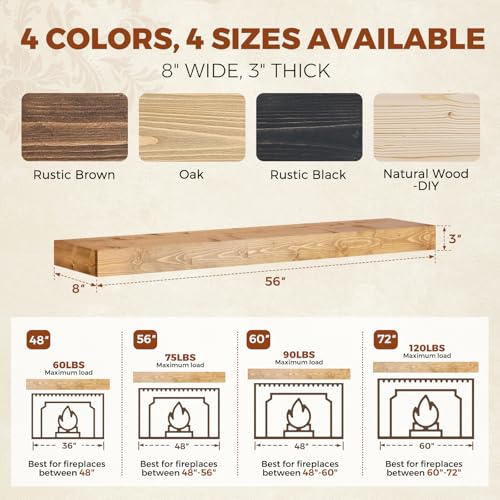 56x8x3in Rustic Fireplace Mantel Pine Wood, Natural Wood - color: Natural Wood, size: 56x3x8-hollow