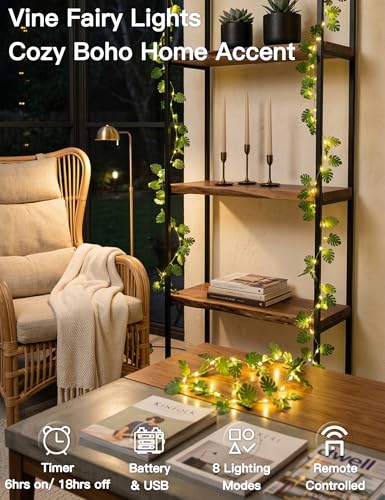 suddus 33FT Monstera Vines with Lights Battery & USB Powered Copper Wire - color: Monstera, size: 100 LED-Battery