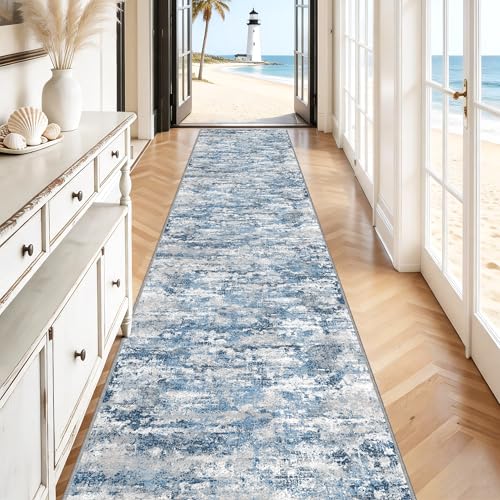 Long Hallway Runner Rug 2.6x12ft Textured Non Slip for Dogs,Ocean Blue - color: Abstract- Ocean Blue, size: 2'7" x 12' (Runner)