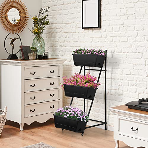 Vertical Raised Garden Bed 3 Tier Elevated Garden Planters Stand Up Garden Planter Box with Drainage Holes for Outdoor Indoor Plants Herbs Flowers Vegetables Black - color: Black