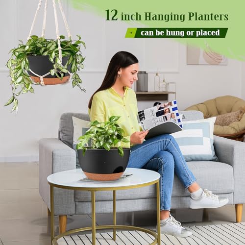 12 Inch Self Watering Hanging Planters with Removable Reservoir, 2 Pack - color: Black, size: 12 Inch